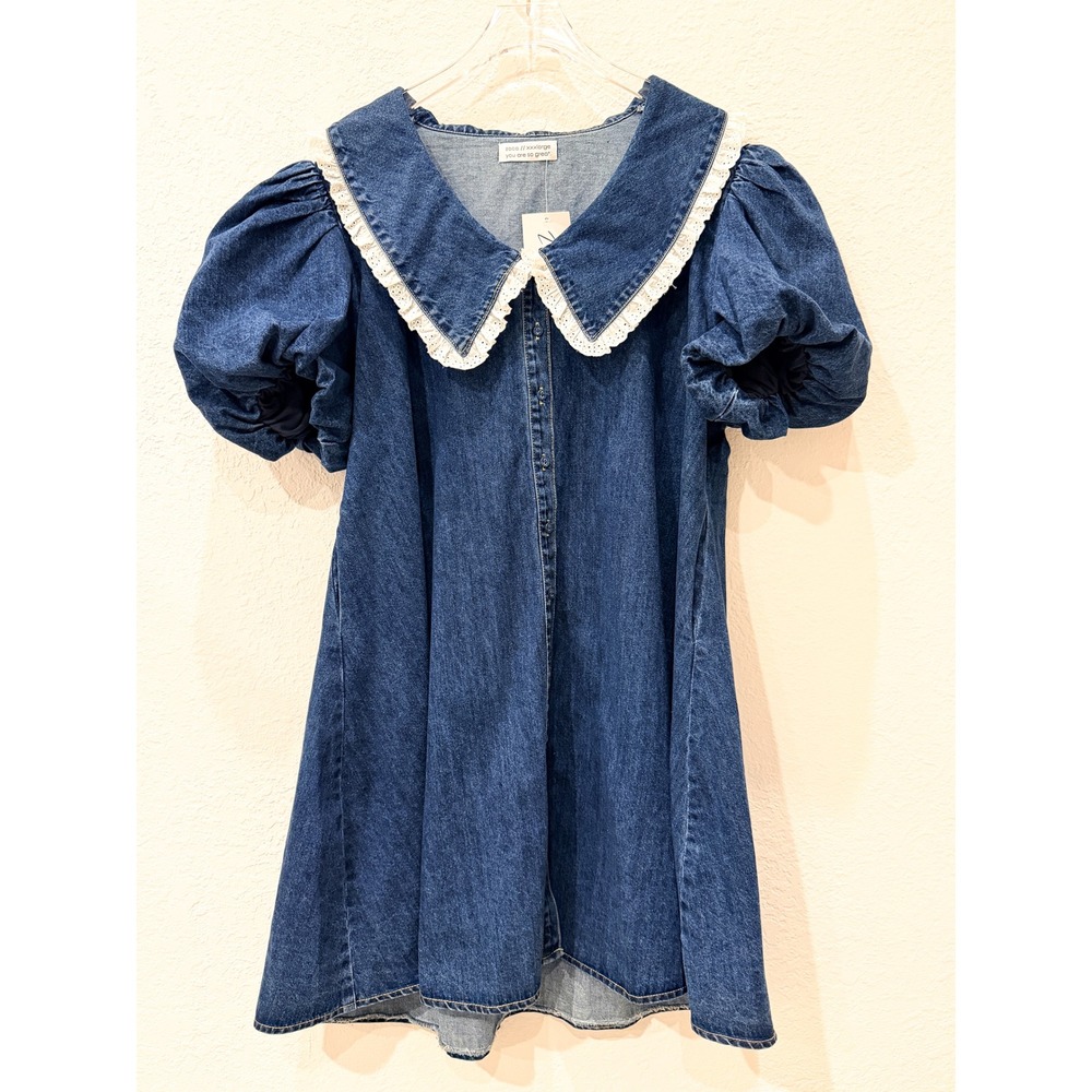 NWT Zoco Poppy Collared Blue Denim Dress 3XL Puff Sleeve Twee Coquette Cottage